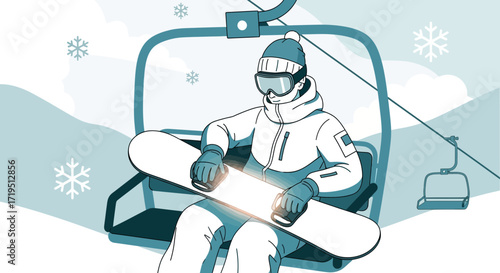 Stylish illustration of a snowboarder on a ski lift enjoying the winter slopes adventure