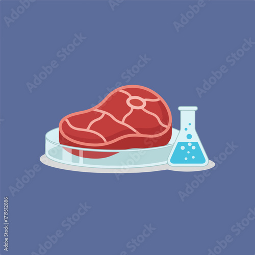 The image illustrates cell-based meat with a steak on a petri dish next to a laboratory flask filled with liquid against a solid blue background.