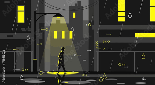 Stylized illustration depicting a rainy urban night scene with a solitary figure walking