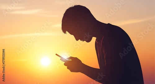 Man using smartphone at sunset silhouette of a person browsing on mobile during golden hour suitable for articles about mobile technology and digital lifestyle