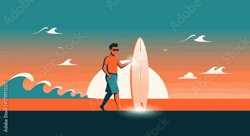 Stylized surfer illustration at sunset with surfboard and ocean waves artwork