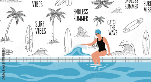 Summer vibes swimming pool with palms and surfboards in retro beach style seamless pattern