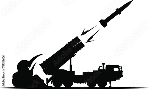 Silhouette of a missile launcher on a truck isolated on white background, ready to fire a missile into the sky during a military operation
