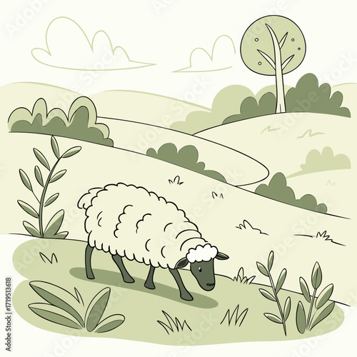 A solitary sheep grazes peacefully on a rolling green hill under a soft sky with fluffy clouds