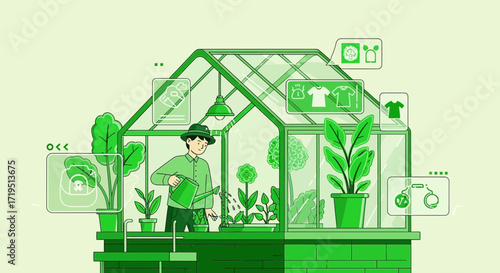 Sustainable Fashion Concept Illustration: Gardener in Greenhouse Showcasing Eco-Friendly Clothing