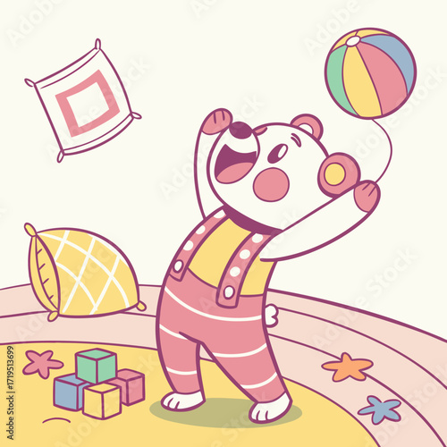 Adorable cartoon polar bear cub playfully tossing a colorful ball in a bright and cheerful nursery room
