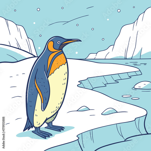 Cute cartoon king penguin standing on an icy landscape with snow falling gently