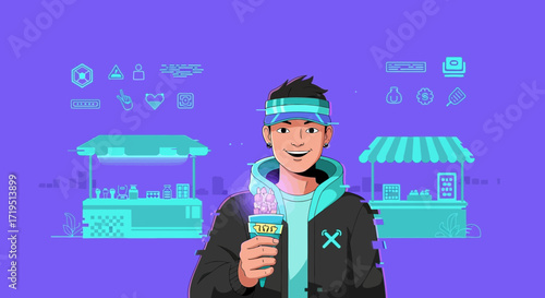Trendy cartoon character enjoying ice cream with market stalls and city skyline background