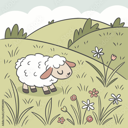 Cute cartoon sheep grazing peacefully in a green meadow with wildflowers and rolling hills
