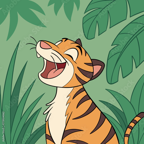 Cute cartoon tiger cub with eyes closed and mouth open wide in a joyful laugh amidst lush green jungle foliage