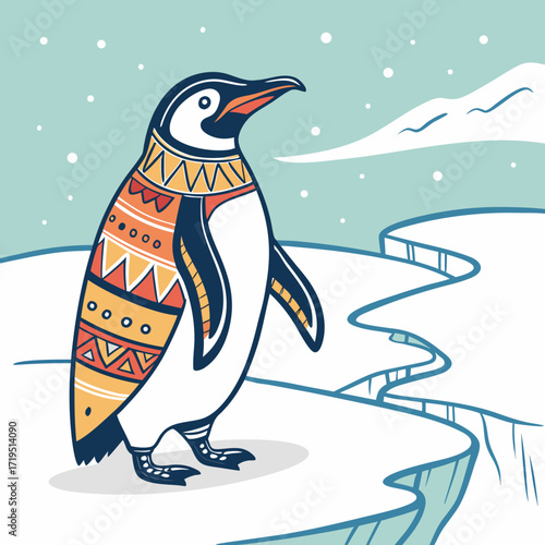 Cute penguin wearing a colorful patterned sweater standing on an icy landscape with falling snow