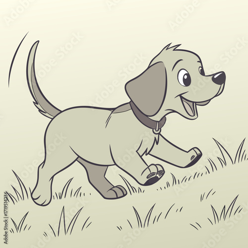 Joyful cartoon puppy with floppy ears running happily through green grass on a light background