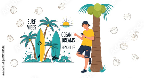 Tropical Beach Lifestyle with Surfboards and Coconut Trees: A Relaxing Vacation Scene