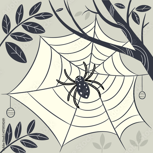 Stylized cartoon spider with polka dots sits patiently in its intricate web on a tree branch with leaves