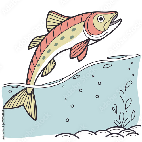 Stylized illustration of a salmon fish leaping energetically out of clear blue water with bubbles and aquatic plants