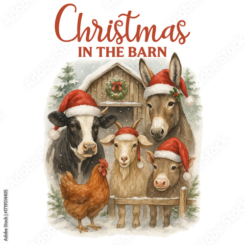 Christmas in the Barn - Christmas Farm T-Shirt, Farmhouse Clipart, Holiday Farm Animal Shirt, Farm Life, Trendy xmas saying, funny Christmas animal Graphic
