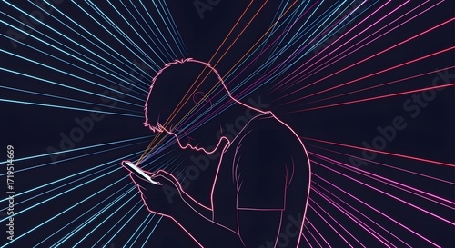 man using smartphone with neon light rays concept of tech addiction social media engagement digital connection for advertising and blog