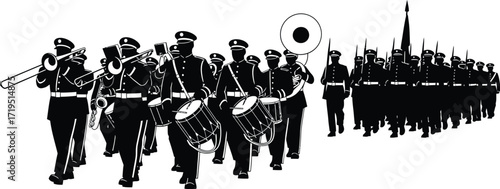 Silhouette of a marching band isolated on white background the band is playing instruments and marching in formation for a parade