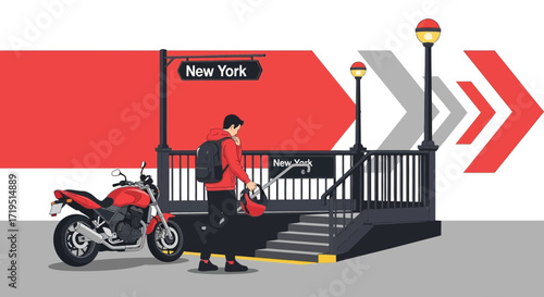 Urban Motorcyclist at New York Subway Entrance with Modern Graphic Design Elements
