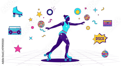 Vibrant 80s Retro Roller Disco Illustration with Woman and Classic Icons like Cassette