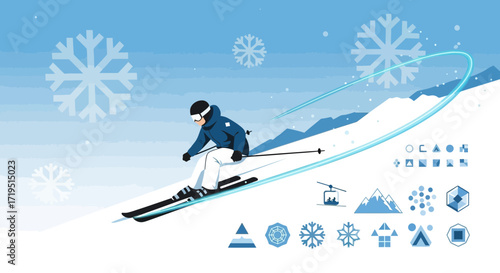 Vector Illustration of Skier Descending a Snowy Slope with Graphic Elements Around