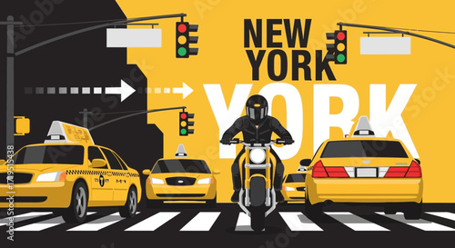 Vibrant New York City scene featuring yellow cabs and a motorcycle rider illustration
