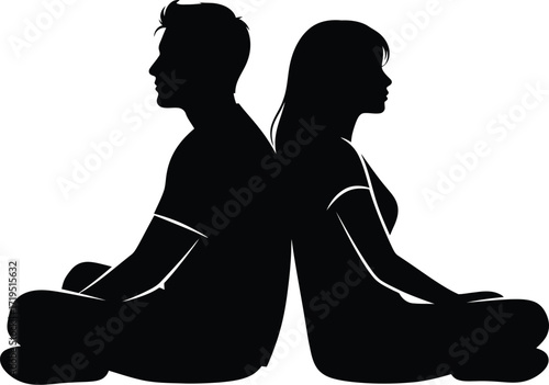 Black and white silhouette of a man and woman sitting back to back in a meditative pose isolated on white background