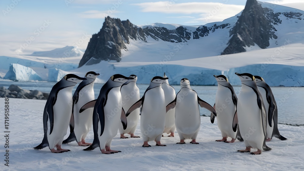 Fototapeta premium Penguins on icy Antarctic shore with mountains