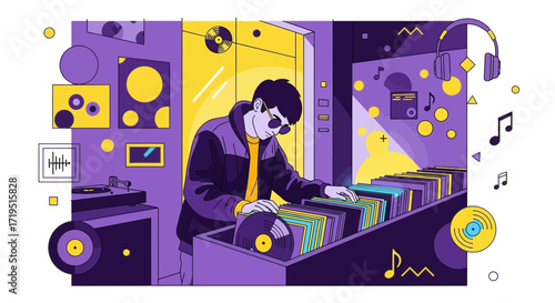 Vintage vinyl collection music lover scene in retro style design with dj and records