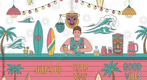 Vibrant tiki bar illustration featuring a bartender, surfboards, and tropical decorations perfect