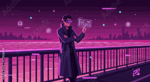 Virtual reality user immersed in a retro cityscape using augmented reality interface