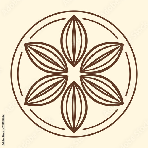 Stylized star anise spice symbol with six petals arranged in a circle on a cream background