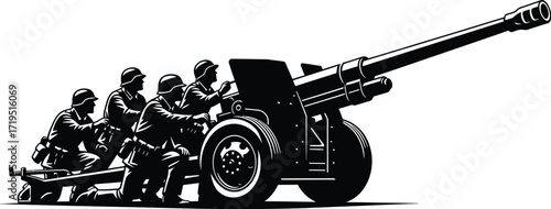 A group of soldiers operating a large artillery gun, preparing to fire a shell, isolated on white background the scene is intense and focused