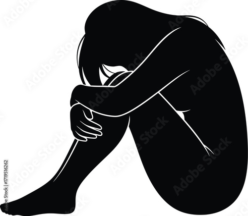 A silhouette of a woman sitting with her head in her arms, conveying sadness, despair, or loneliness, isolated on white background