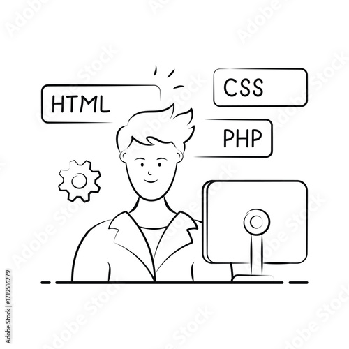 Hand drawn illustration of a web developer with HTML, CSS, and PHP programming languages.