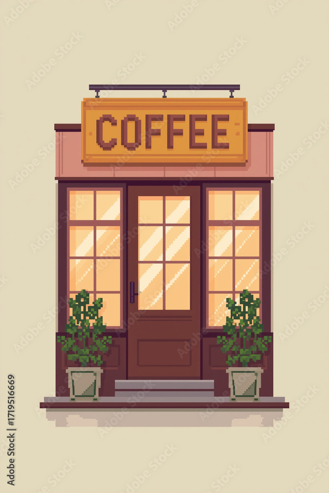 Obraz premium Pixel art composition of a modern coffee shop, blocky signboard above entrance, warm gradient windows casting soft glow, geometric square plants flanking doorway, designed with clean