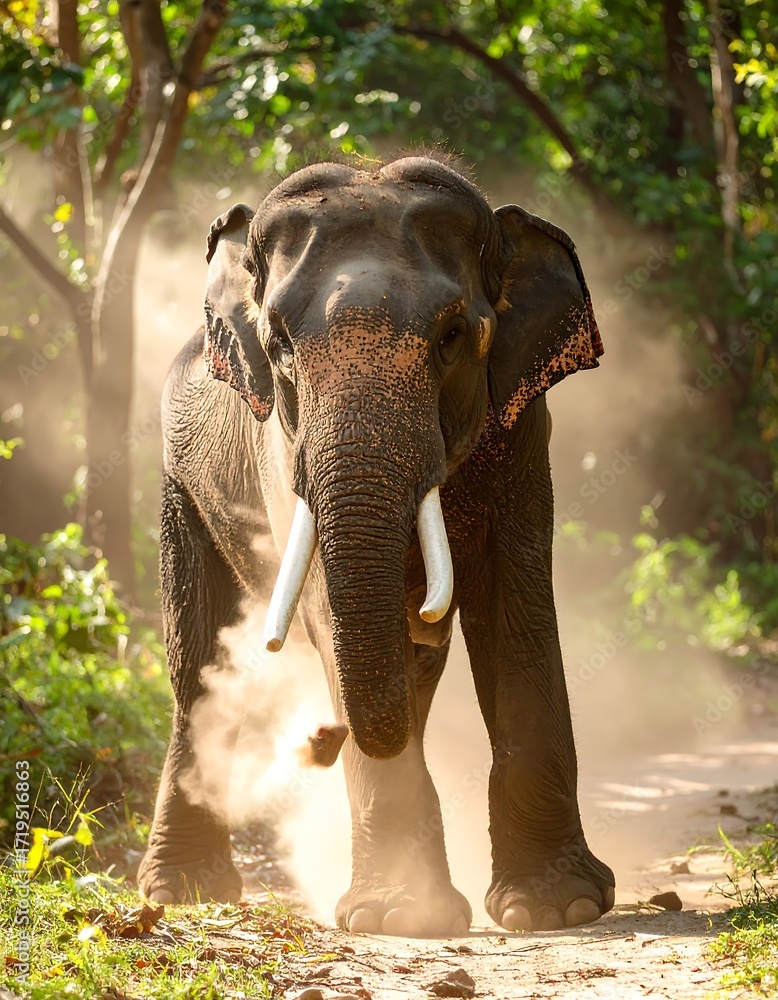 Fototapeta premium Majestic elephant walking through a forest path