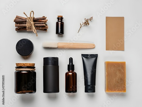 Minimalist skincare product arrangement flat lay on white background top view aesthetic 90