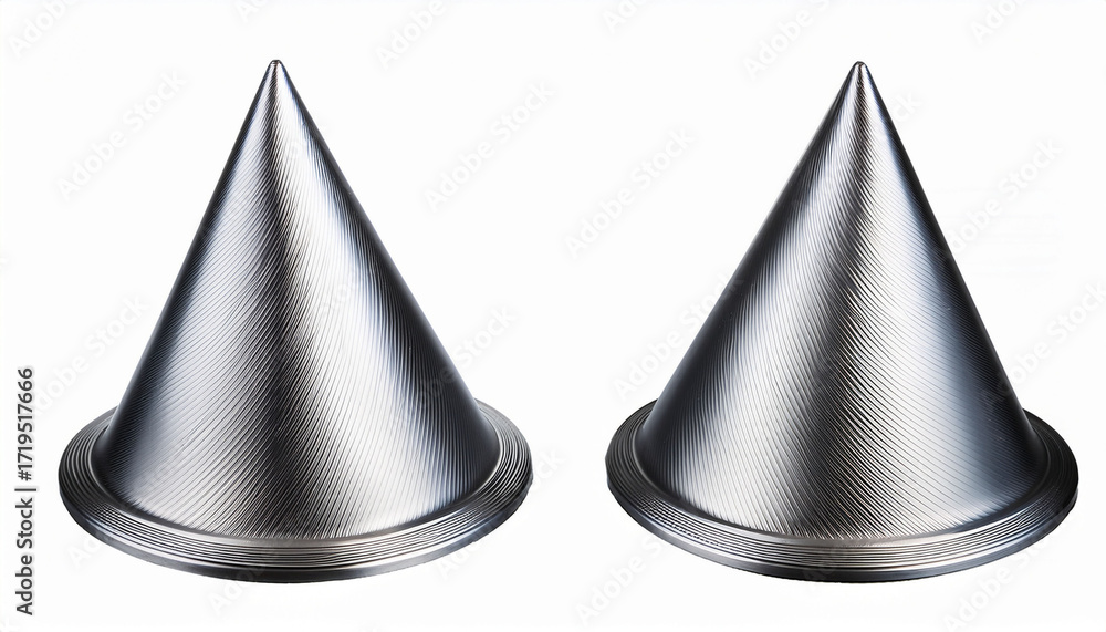 Fototapeta premium Two Metallic Silver Cones With Pointed Tips And Rounded Bases Isolated On A Transparent Background For Design Elements Isolated On Transparent Background