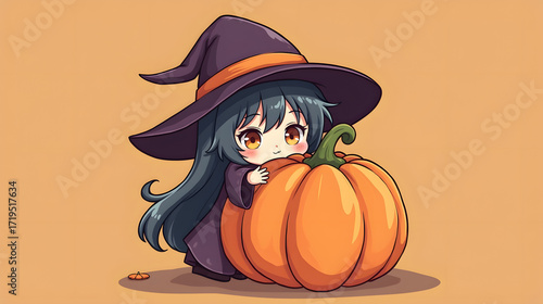 Chibi witch hugging a pumpkin bigger than herself cute style