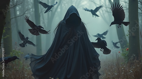 Dark forest witch with long flowing cloak surrounded by ravens
