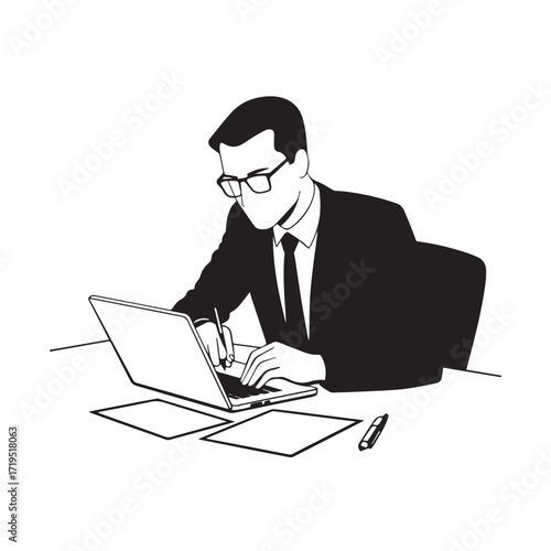 Black and white line art of a hardworking man at office desk with laptop and documents minimalist illustration