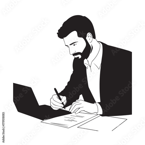 Black and white line art of a hardworking man at office desk with laptop and documents minimalist illustration