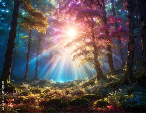 Magical forest bathed in sunlight