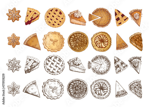 Hand drawn vintage sketch set of festive pies, cake slices and gingerbread cookies in color and monochrome