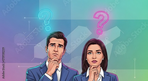 Thinking business partners pondering strategic decisions brainstorming innovative solutions in a futuristic office symbolizing teamwork and collaboration