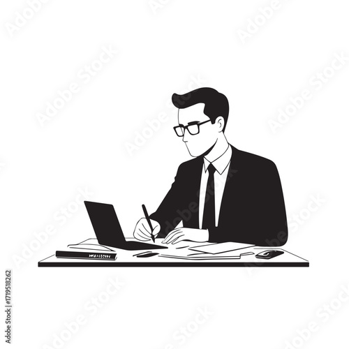 Black and white line art of a hardworking man at office desk with laptop and documents minimalist illustration