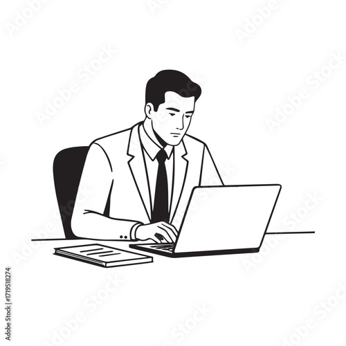 Black and white line art of a hardworking man at office desk with laptop and documents minimalist illustration