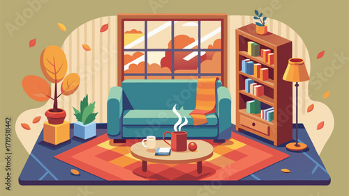 Warm autumn interior with a cozy sofa, books, hot drinks, and falling leaves outside the window at sunset