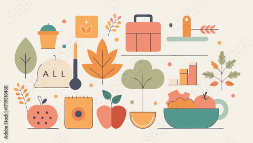 Minimal flat lay of autumn elements including leaves, fruits, plants, and fall-themed objects in soft pastel tones on a light background
